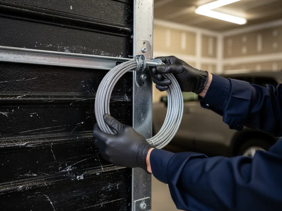 A technician in black gloves is installing a new garage door cable.