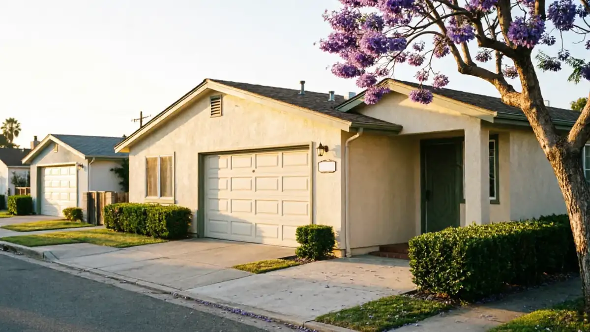A beige house with a closed garage door and a purple flowering tree.