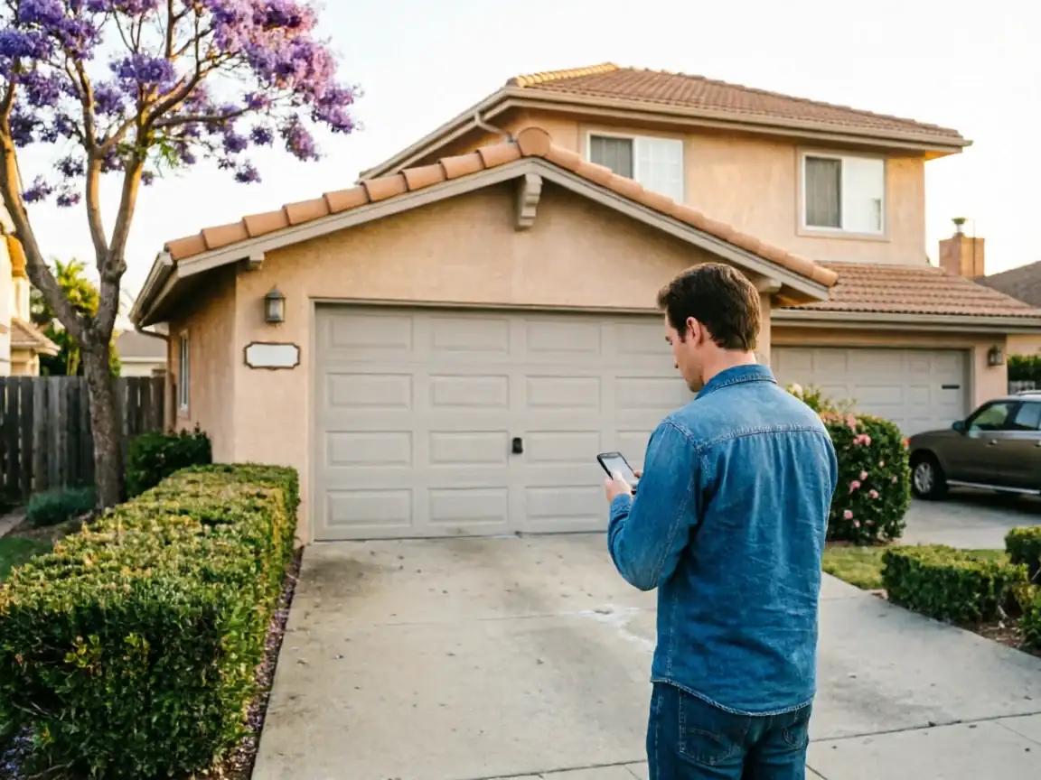 A man stands in a driveway looking at his phone, facing a two-car garage.