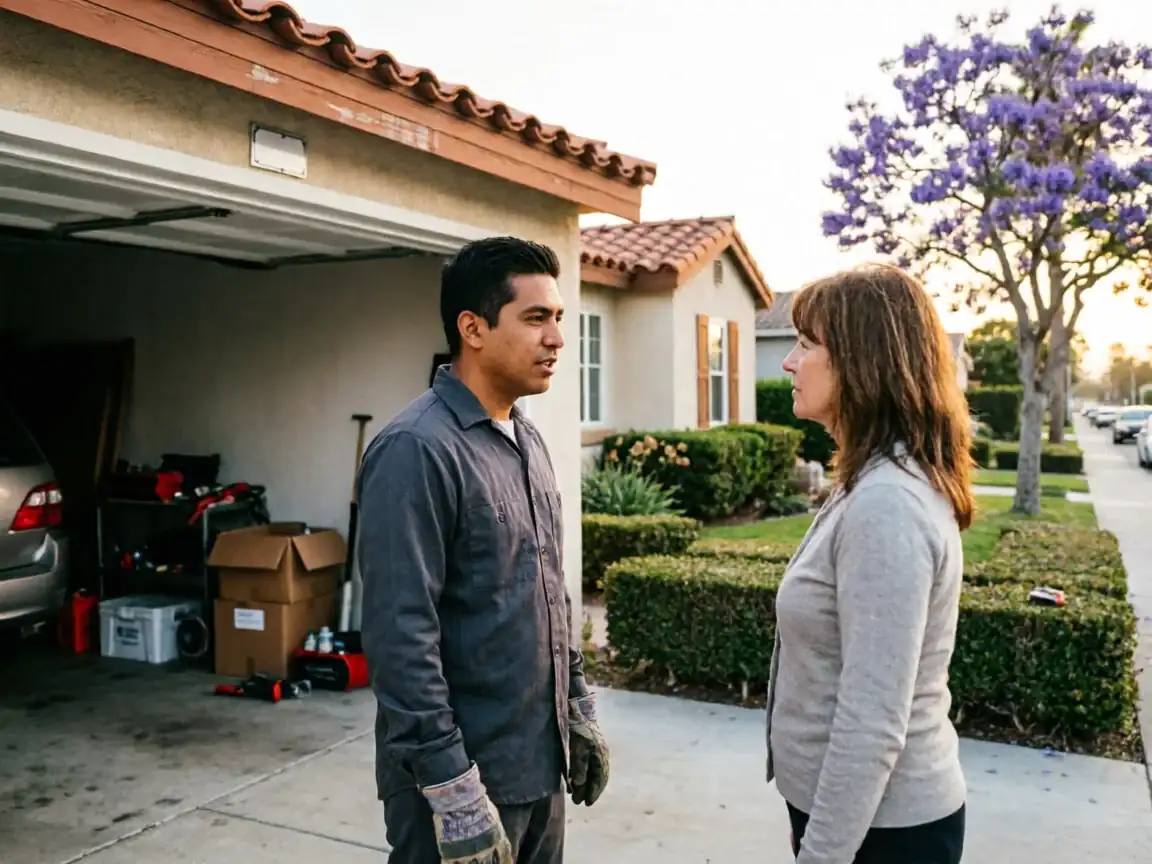A technician in work gloves talks to a woman in front of a house with an open garage.