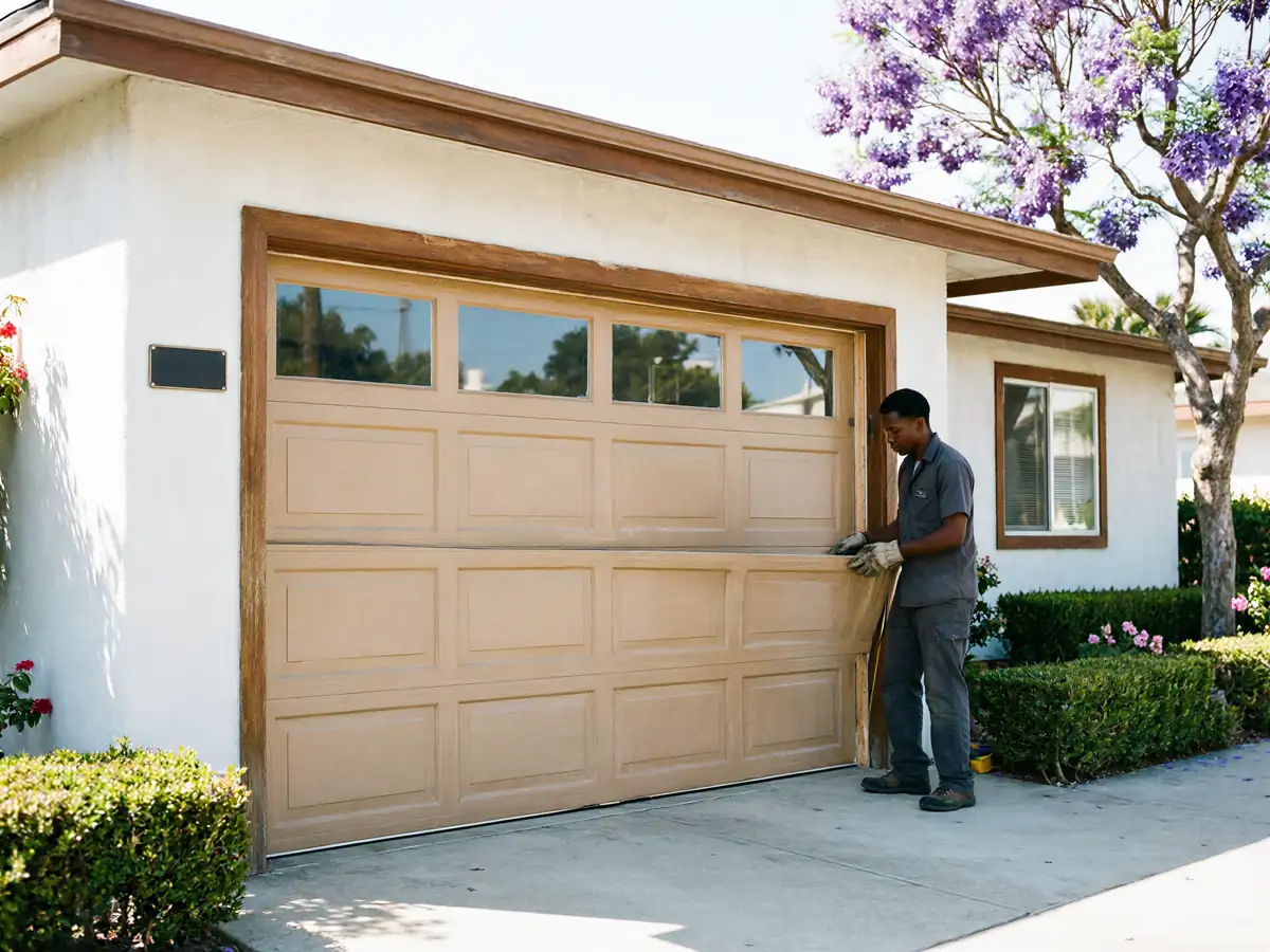 A technician in a gray uniform is working on a tan garage door.