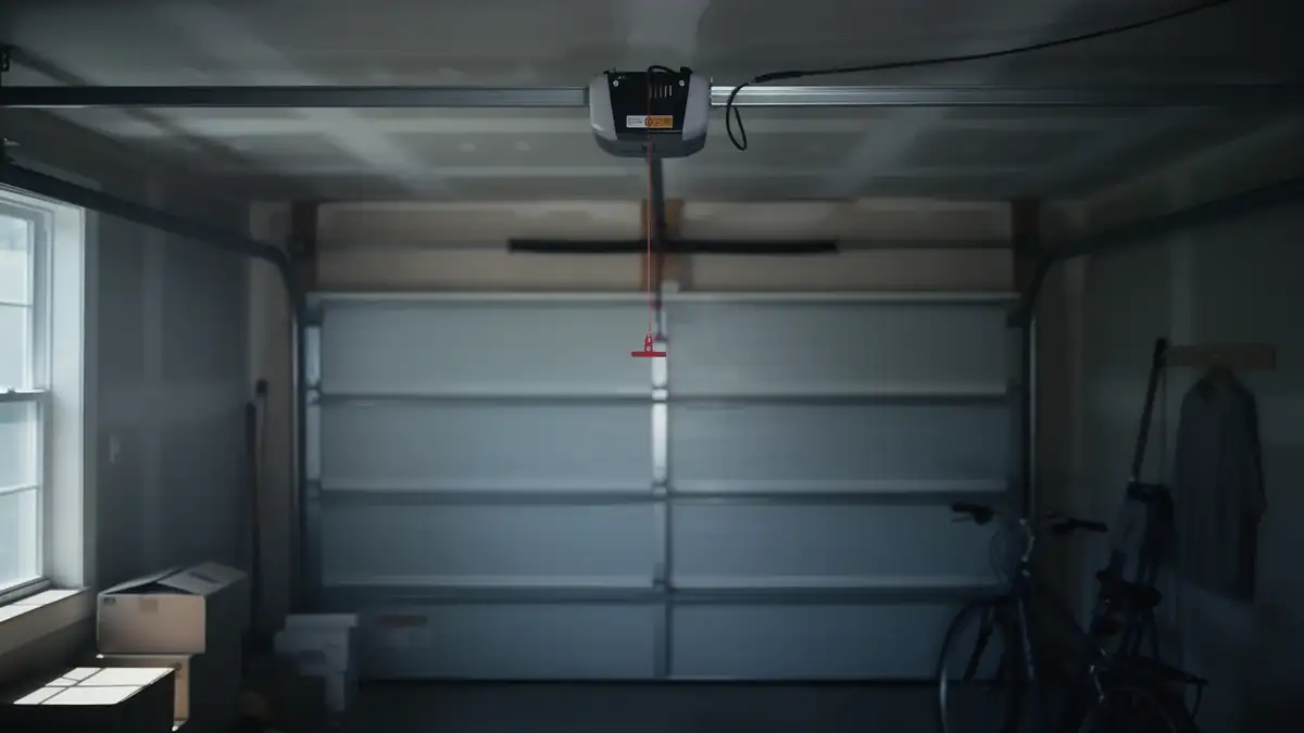 A garage door opener is mounted above a closed garage door.