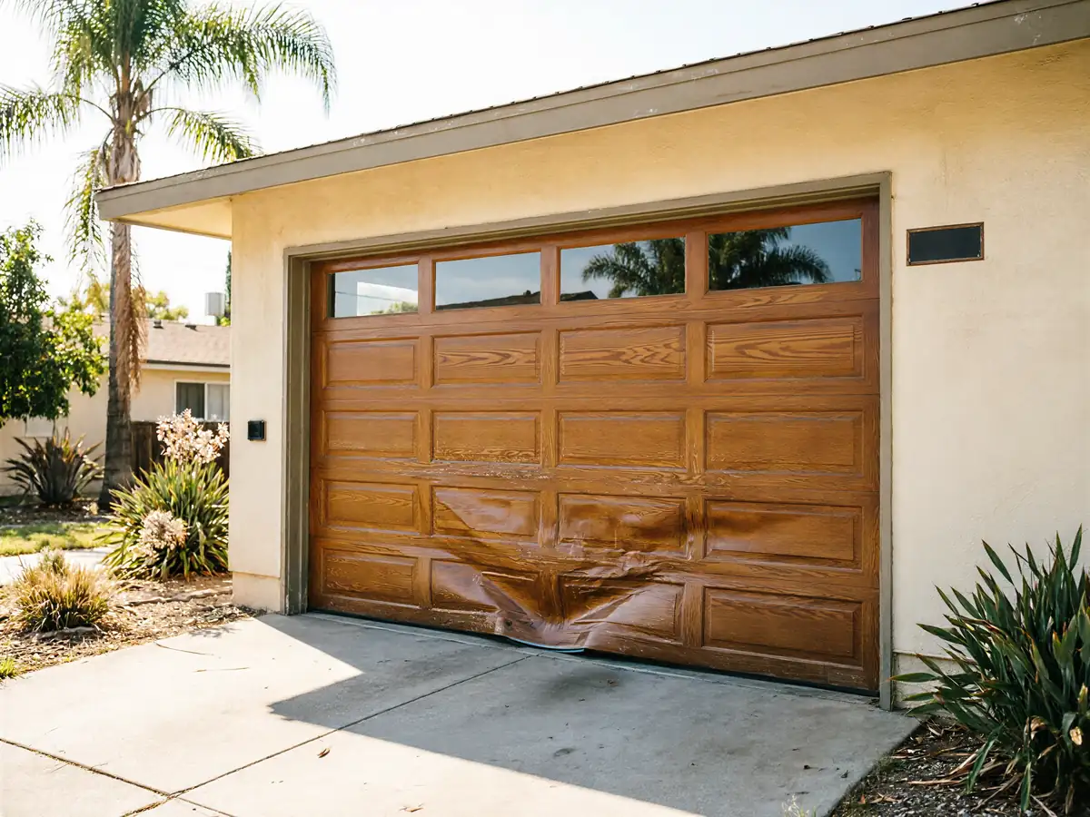 A damaged brown garage door with windows is on a tan house.
