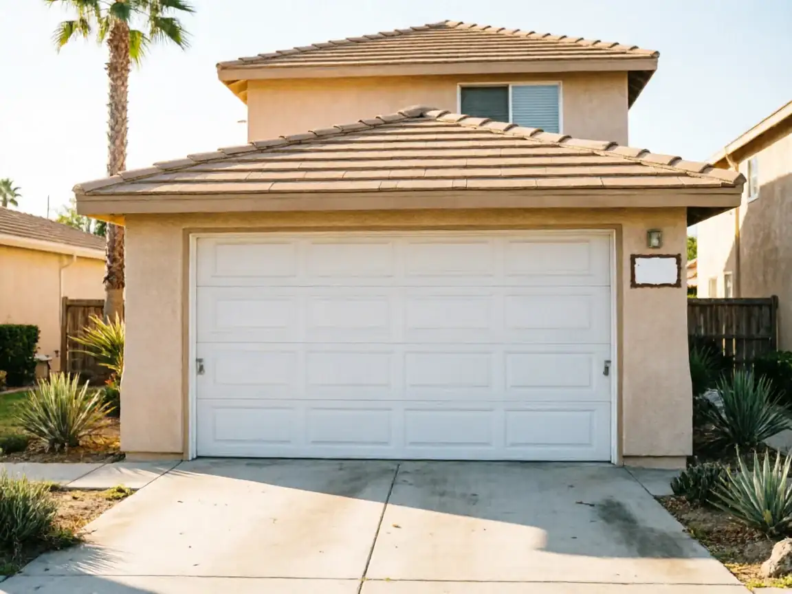A white paneled garage door is on a tan house with a tiled roof.
