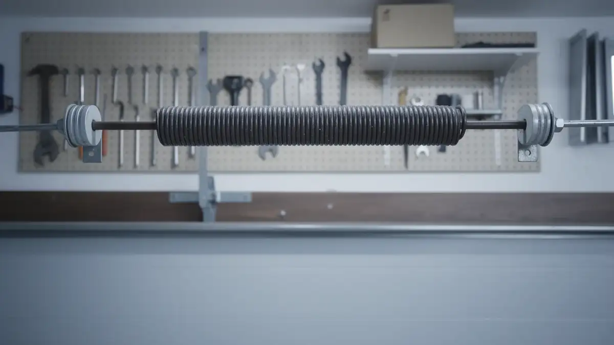 A garage door torsion spring is mounted above a white garage door.