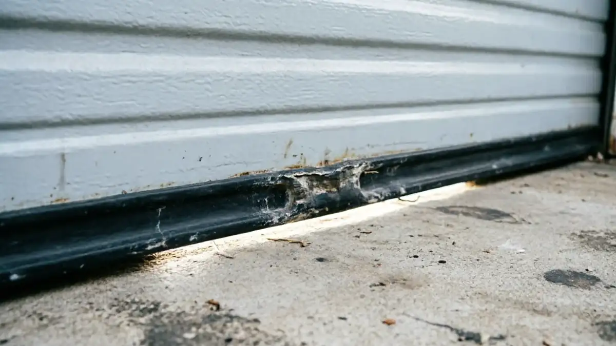 The bottom of a white garage door shows rust and a damaged weather seal.